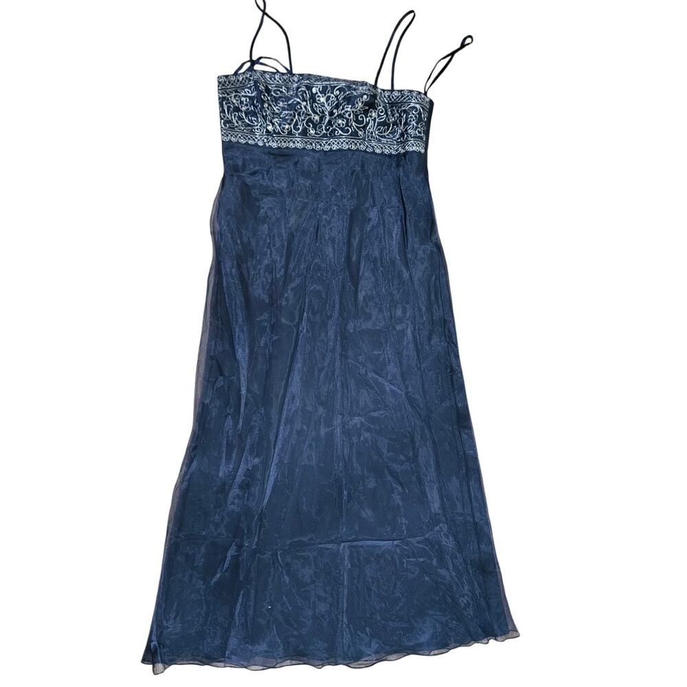 Michelangelo Navy Blue Embroidered Bodice Chiffon Spaghetti Strap Dress Size 16